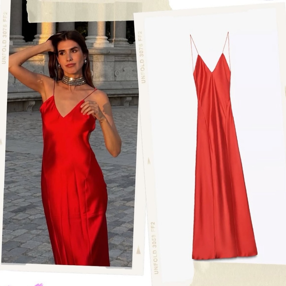 ๐(NWOT) ZARA Bloggers Fav Open Back Satin Maxi Dress in Red. Size SMALL - Picture 7 of 16
